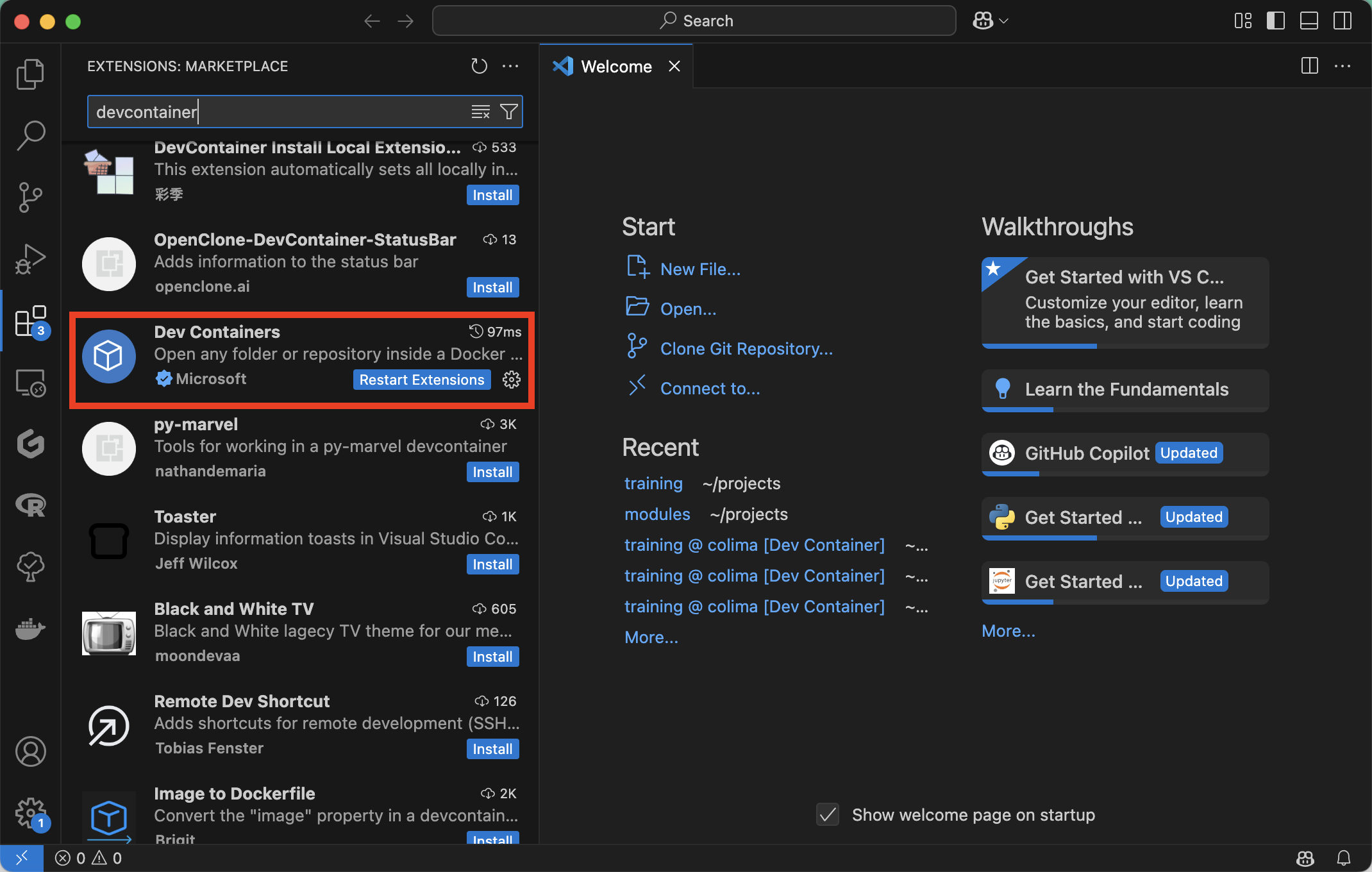 Installation de l'extension Dev Containers dans VS Code
